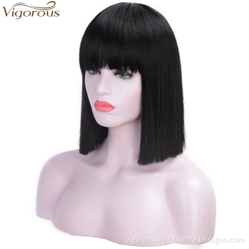 Vigorous 14 inches Cheap Short Straight Black Bob Hair Wig Synthetic Wigs With Neat Bang for Black Women HighTemperature